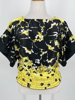 Takara Vintage Black Yellow Floral Satin Blouse Kimono Sleeve Small
